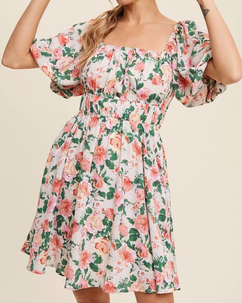 Front of a model wearing a size Large Bianca Floral Dress In Cream in Cream by Listicle. | dia_product_style_image_id:351483